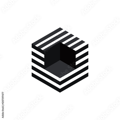 Сube in a Сube. Optical illusion cube in a cube. Abstract pictogram of a volumetric cube with different textures.