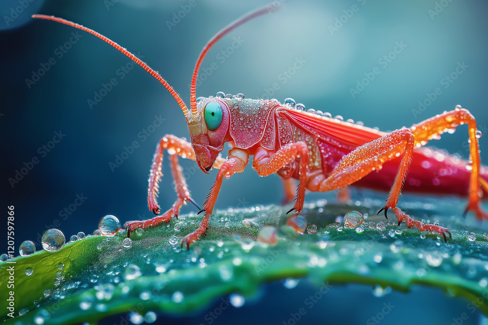 Fototapeta premium A macro photograph of a locust perched on a green leaf with dewdrops, intricate details of its wings visible.