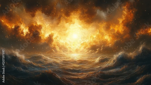 epic biblical creation scene depicting divine light separating elements cosmic energy forming earth and heavens spiritual symbolism in classical art style photo