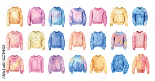 Handmade winter sweaters watercolor vector set. Keeping warm textile pullover sweatshirts cardigans jackets, long sleeve fabric color clothes production, isolated on white backdrop
