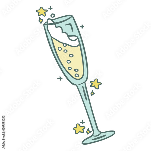 Sparkling Celebration: A whimsical, hand-drawn illustration of a champagne flute filled with bubbly and adorned with twinkling stars. It embodies the joyous spirit of celebration and merriment.