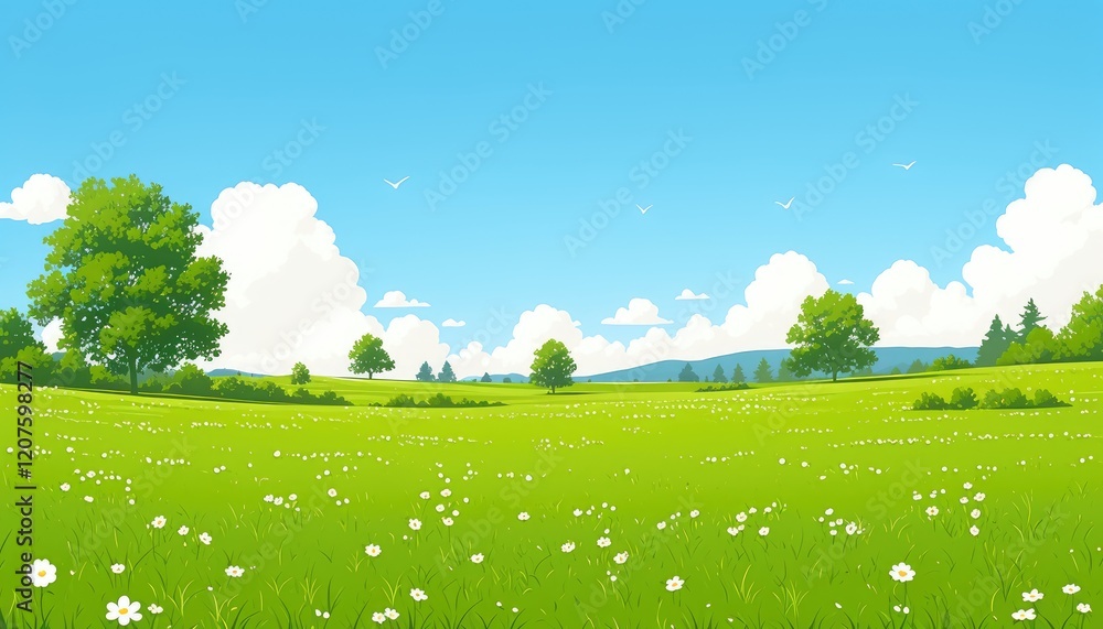 Fototapeta premium Idyllic Summer Meadow Landscape With Lush Green Grass And Trees