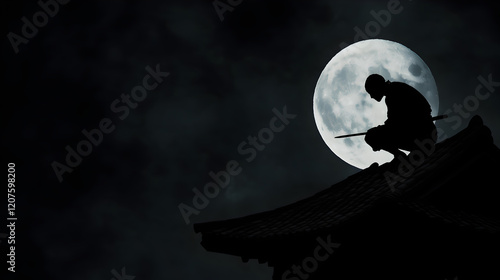 A ninja silhouetted against the full moon, crouched on the rooftop of a pagoda. His shadow stretches across the tiled roof, and his shuriken glints faintly in his hand. The distant sound of a gong rev photo