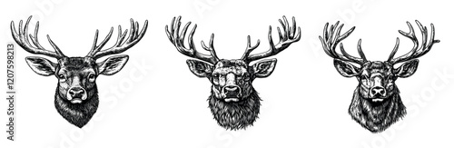 Horned deer heads engraving vector set. Hoofed animal herbivorous avatars, forest different breeds nature symbol elegant creatures inhabitants, monochrome retro black isolated vectors on white