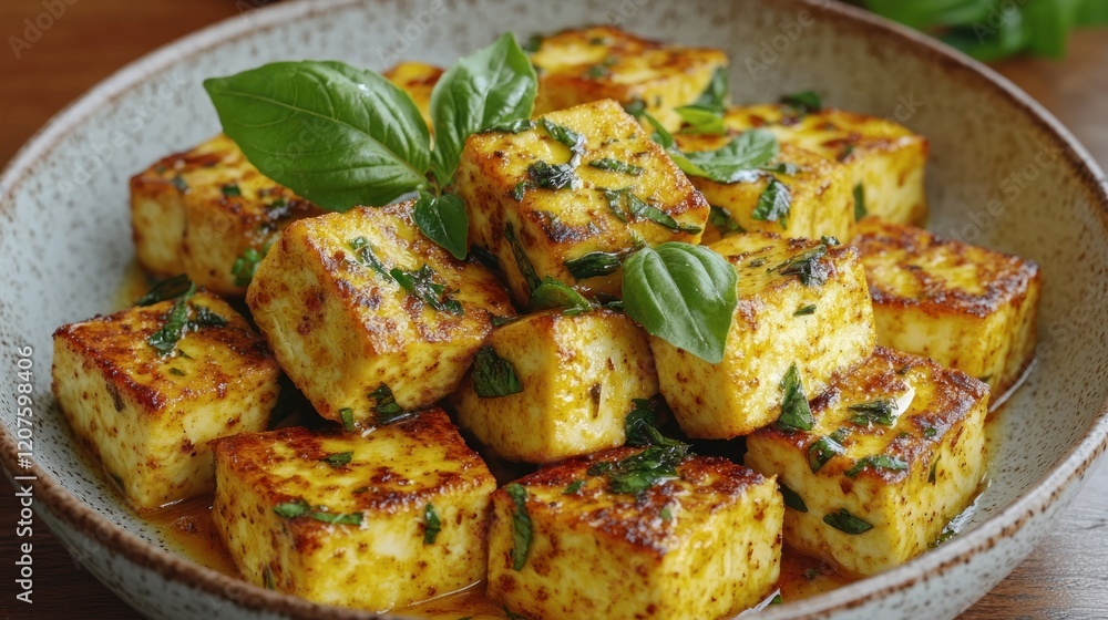 Pan-fried tofu cubes with basil in a bowl.