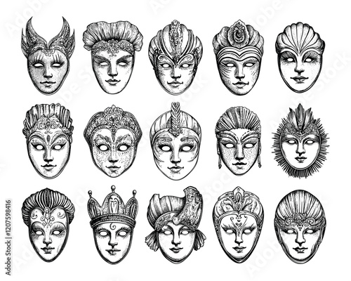 Italian carnival masks engraving vector set. Face coverings traditional festival masquerades, venetian anonymity jewelry extravaganza accessories, black monochrome ink isolated vectors on white