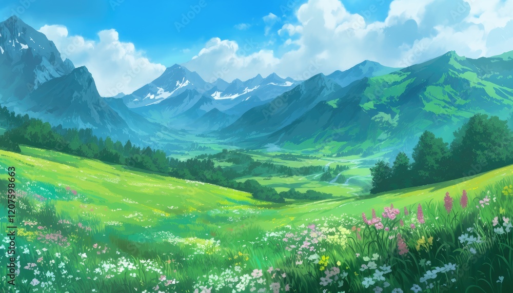 Obraz premium Serene Mountain Valley Landscape With Blooming Wildflowers
