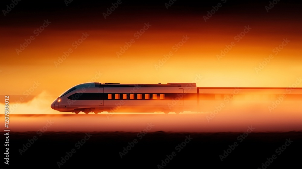 A sleek train glides seamlessly through an expansive landscape bathed in the warm glow of sunset A sleek train glides seamlessly through an expansive landscape bathed in the warm glow of sunset