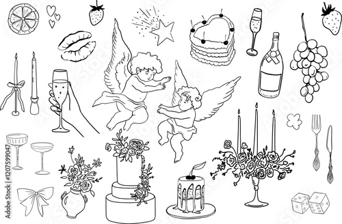 Hand drawn whimsical illustrations in coquette style. Collection of wedding doodle line art. Objects like hands with glass, сupids, champagne tower, candles, cakes, bows for invitation, posters, menu,