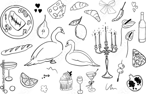 Hand drawn whimsical illustrations in coquette style. Collection of wedding doodle line art. Objects like hands with glass, сupids, champagne tower, candles, cakes, bows for invitation, posters, menu,