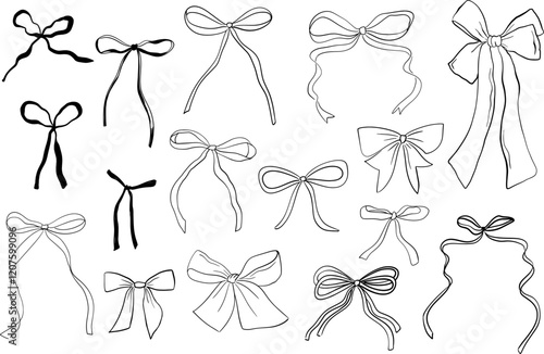 Hand drawn whimsical illustrations in coquette style. Set of ribbon bow doodle line art. Perfect for invitation, posters, menu, valentines day greeting cards. 