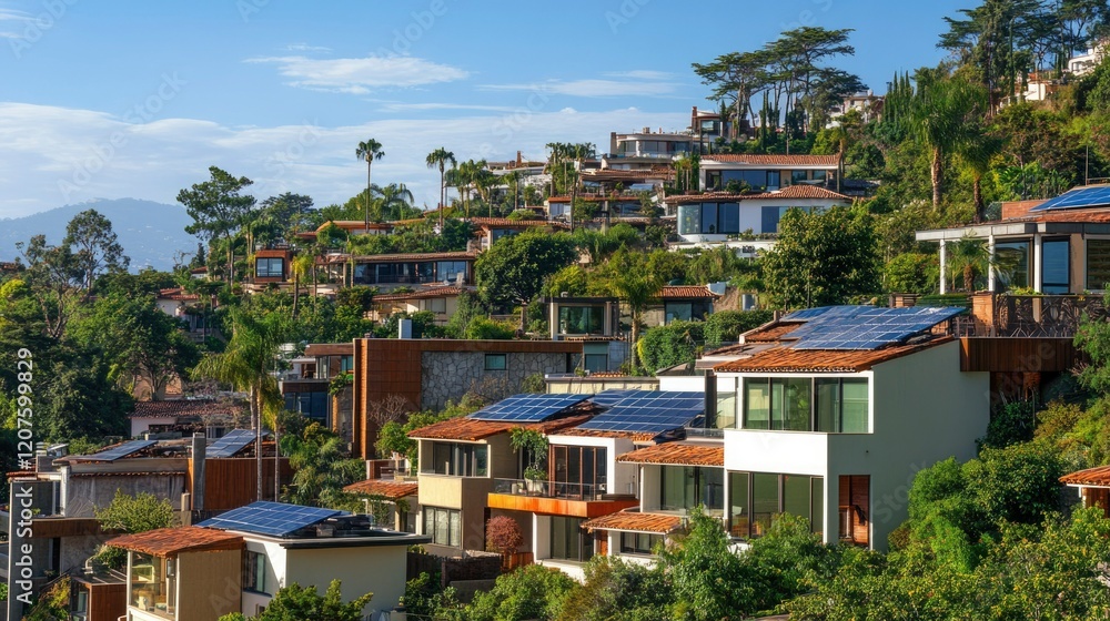 Obraz premium Hillside Homes Featuring Solar Panels And Lush Greenery