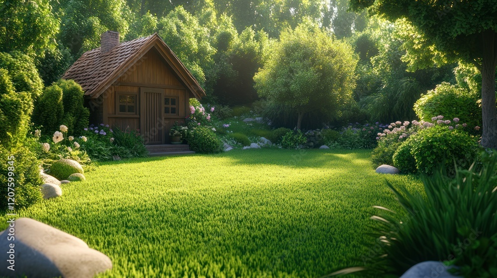 Obraz premium Serene Wooden Cabin in Lush Green Garden