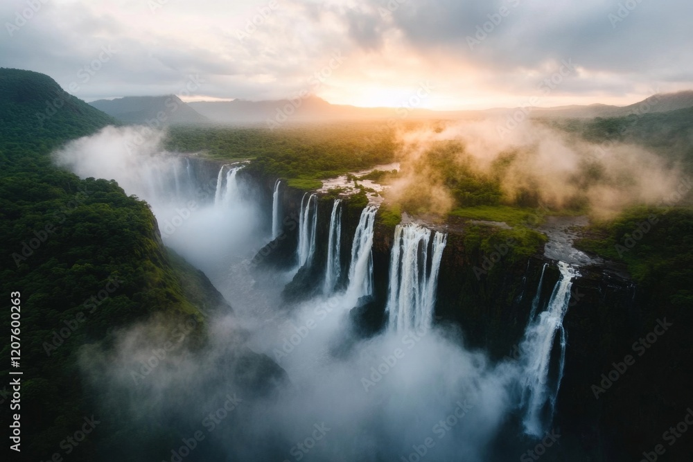 A breathtaking view of Victoria Falls, with cascading water, a rainbow arching through the mist, and lush green surroundings A breathtaking view of Victoria Falls, with cascading water, a rainbow arching through the mist, and lush green surroundings