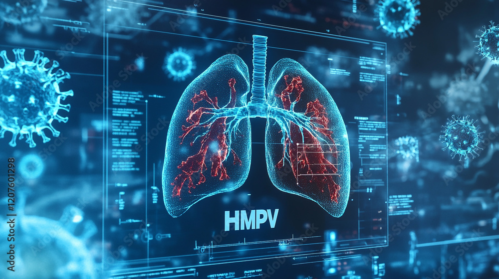 Microscopic view of HMPV Human metapneumovirus with medical instrument, blueprint of lungs and virus in the background, Human metapneumovirus or HMPV similiar as covid 19 virus. Microscopic view of HMPV Human metapneumovirus with medical instrument, blueprint of lungs and virus in the background, Human metapneumovirus or HMPV similiar as covid 19 virus.
