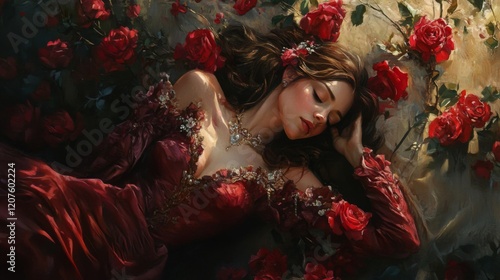 Fototapeta Naklejka Na Ścianę i Meble -  Dreamlike portrait of a woman in a red dress among red roses