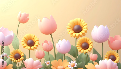 Pastel Tulips and Sunflowers A Charming 3D Floral Illustration