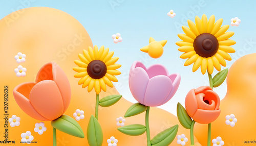 Joyful 3D Render Sunflowers Tulips and a Whimsical Spring Scene