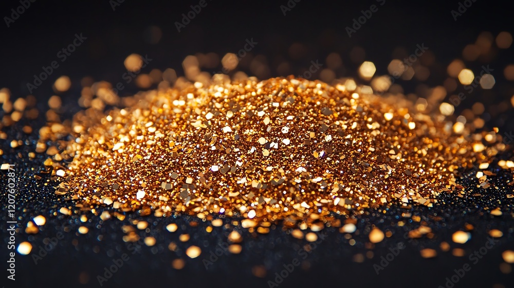 A shimmering pile of golden glitter sparkles against a dark background, creating an alluring and luxurious visual effect. A shimmering pile of golden glitter sparkles against a dark background, creating an alluring and luxurious visual effect.