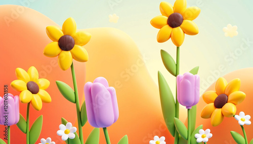 Cheerful 3D Render Sunflowers Tulips and Daisies in a Warm Playful Style