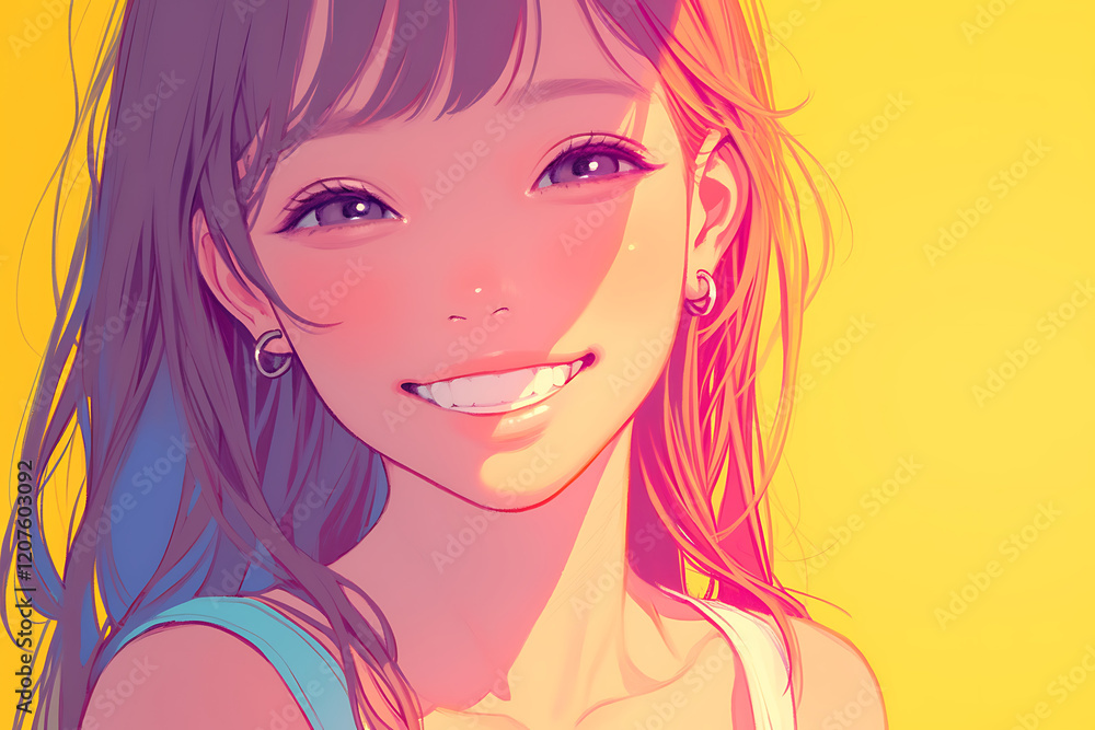 Young woman smiling brightly against a vibrant yellow background, radiating joy and positivity Young woman smiling brightly against a vibrant yellow background, radiating joy and positivity