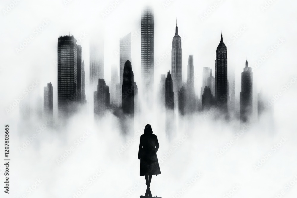 A dark-themed yuppie walking in an eerie urban landscape with fog and shadowy skyscrapers looming in the background A dark-themed yuppie walking in an eerie urban landscape with fog and shadowy skyscrapers looming in the background