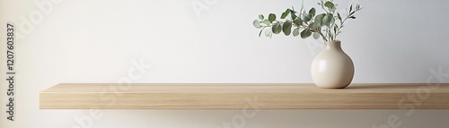 Wallpaper Mural Showcasing a sleek light oak shelf adorned with a matte beige ceramic vase, this serene setup features a sprig of eucalyptus against a light wall, perfect for modern decor Torontodigital.ca