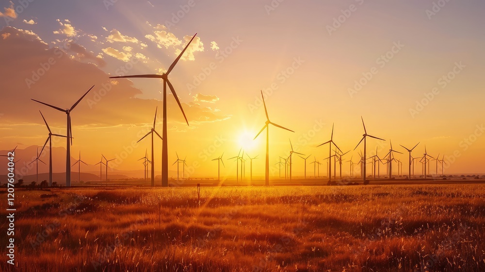 Obraz premium Majestic Sunset Over a Wind Farm Showcasing Renewable Energy