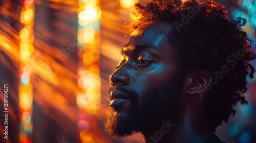 ethereal double exposure portrait merging african american mans profile with cathedral architecture rays of light streaming through stained glass photo