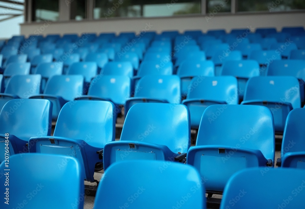 Fototapeta premium Blue tribunes. seats of tribune on sport stadium. empty outdoor arena. concept of fans. chairs for audience. cultural environment concept. color and symmetry. empty seats. modern stadium