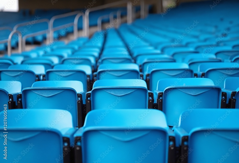 Fototapeta premium Blue tribunes. seats of tribune on sport stadium. empty outdoor arena. concept of fans. chairs for audience. cultural environment concept. color and symmetry. empty seats. modern stadium