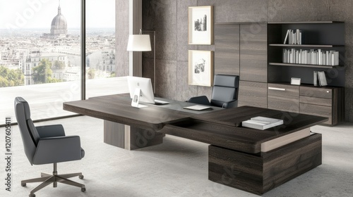 Wallpaper Mural Modern Executive Office With City View And Dark Wood Furniture Torontodigital.ca