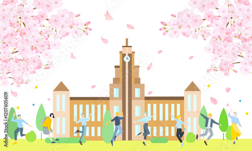 キャンパスライフー新生活学生ー大学校と学生のベクターアイコンセットイラスト素材