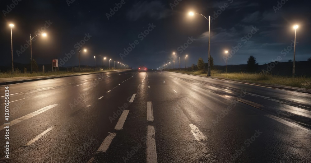 Asphalt road at night with streetlights illuminating the surface, , illumination Asphalt road at night with streetlights illuminating the surface, , illumination