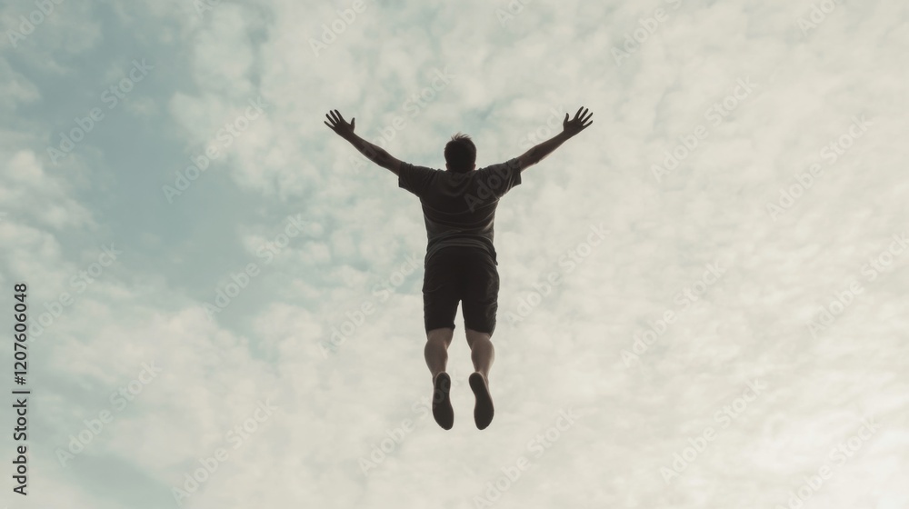 Fototapeta premium Man jumping, arms outstretched, against a cloudy sky.