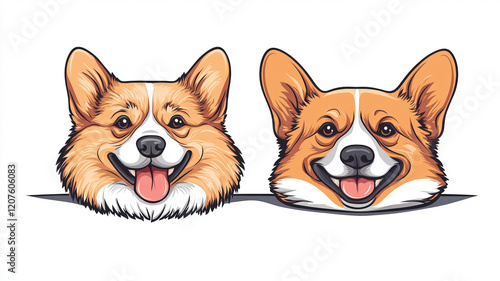 Cheerful corgi dog illustration featuring two happy faces with bright smiles. Perfect for pet lovers and animal enthusiasts photo