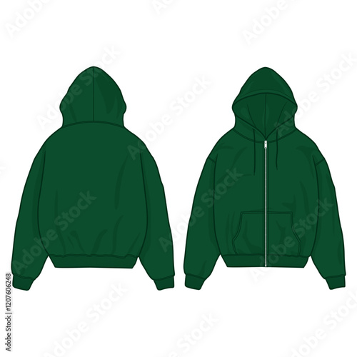 zip up Hoodie vector template illustration. front and back view. oversized. drop shoulder. unisex. green color. 