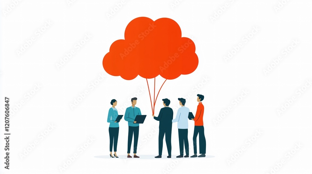 Cloud-Connected Collaboration: A group of professionals gather around a large, red cloud symbolizing the power of cloud computing and its ability to connect and empower teams. Cloud-Connected Collaboration: A group of professionals gather around a large, red cloud symbolizing the power of cloud computing and its ability to connect and empower teams.