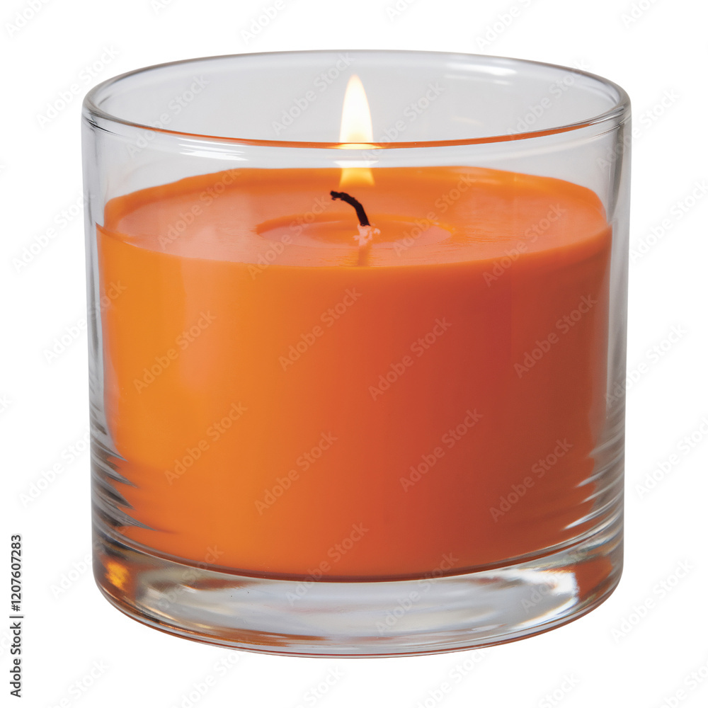 Vibrant Orange Candle Glowing in Clear Glass Container Vibrant Orange Candle Glowing in Clear Glass Container