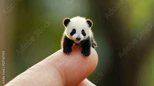 small baby panda on finger, cute ai generated miniature animal on finger