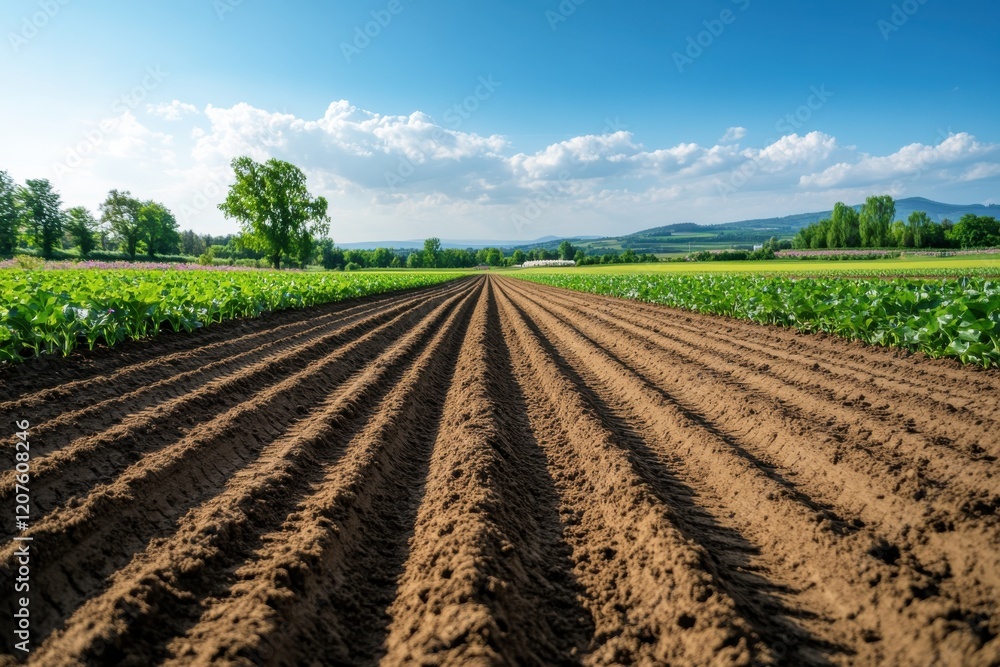 A scenic view of neatly arranged farm lines with rich soil and vibrant green crops under a clear blue sky, showcasing nature's beauty and agricultural practices. A scenic view of neatly arranged farm lines with rich soil and vibrant green crops under a clear blue sky, showcasing nature's beauty and agricultural practices.