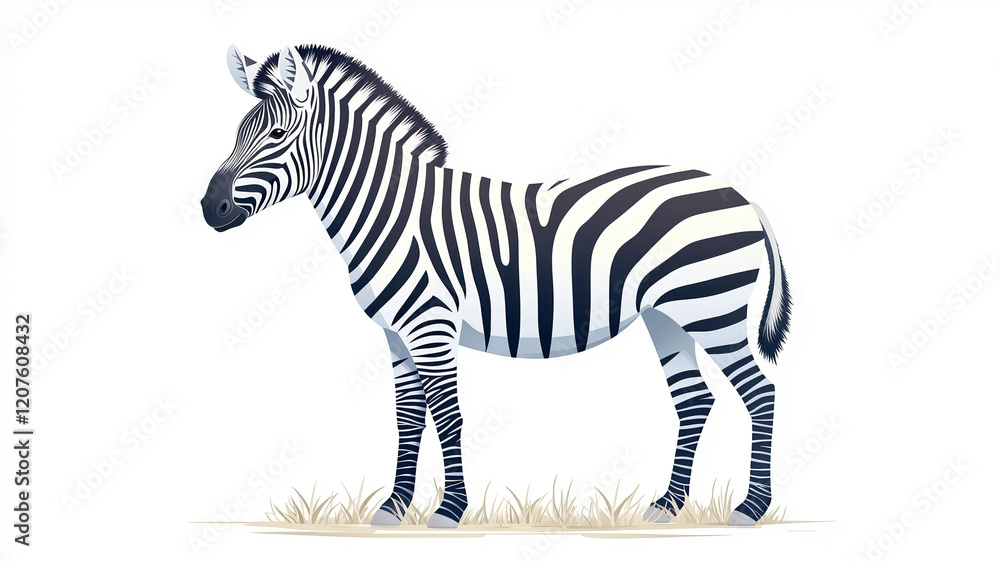 Obraz premium lively zebra illustration showcasing its distinctive black and white stripes, standing on grassy surface. This wild animal represents beauty of nature
