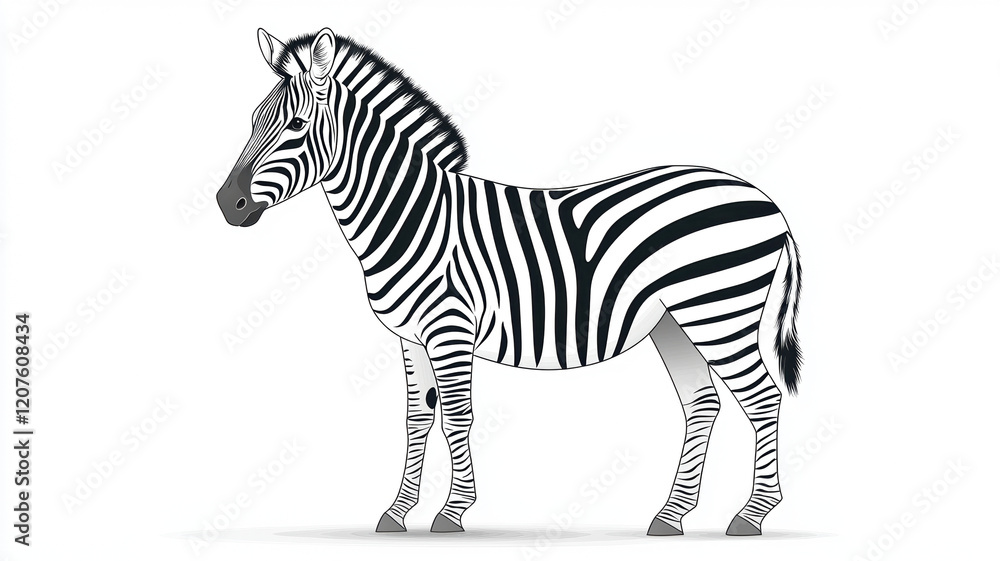 Obraz premium lively zebra illustration showcasing its distinctive black and white stripes, standing gracefully. This wild animal represents beauty of nature