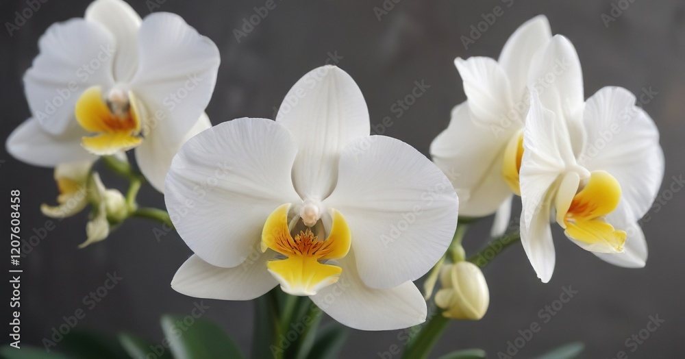Delicate white orchid primrose with intricate yellow center, floral details , orchid species Delicate white orchid primrose with intricate yellow center, floral details , orchid species