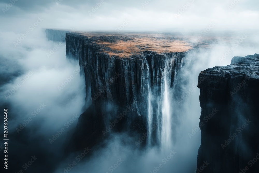 A haunting depiction of Victoria Falls at night, with glowing mist, darkened cliffs, and eerie shadows cast by the moonlight