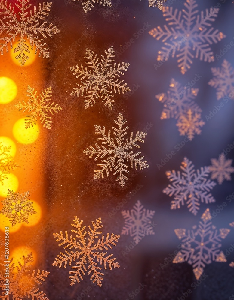 Frosted window with intricate snowflake patterns and warm glowing lights in background
Frosted window with intricate snowflake patterns and warm glowing lights in background