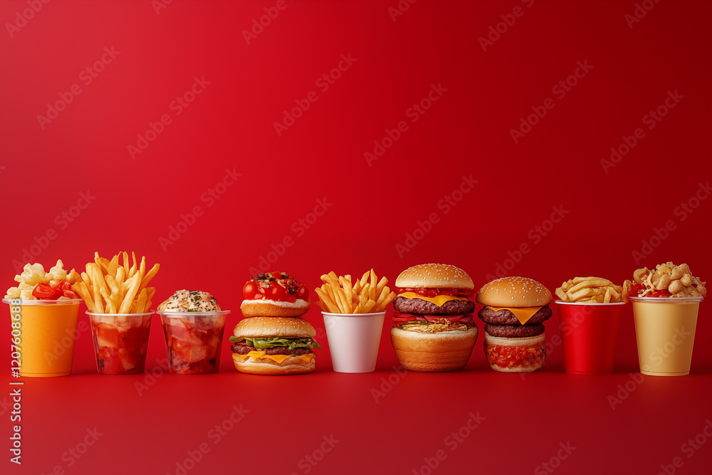 Fast food set on red background. Generative AI Fast food set on red background. Generative AI