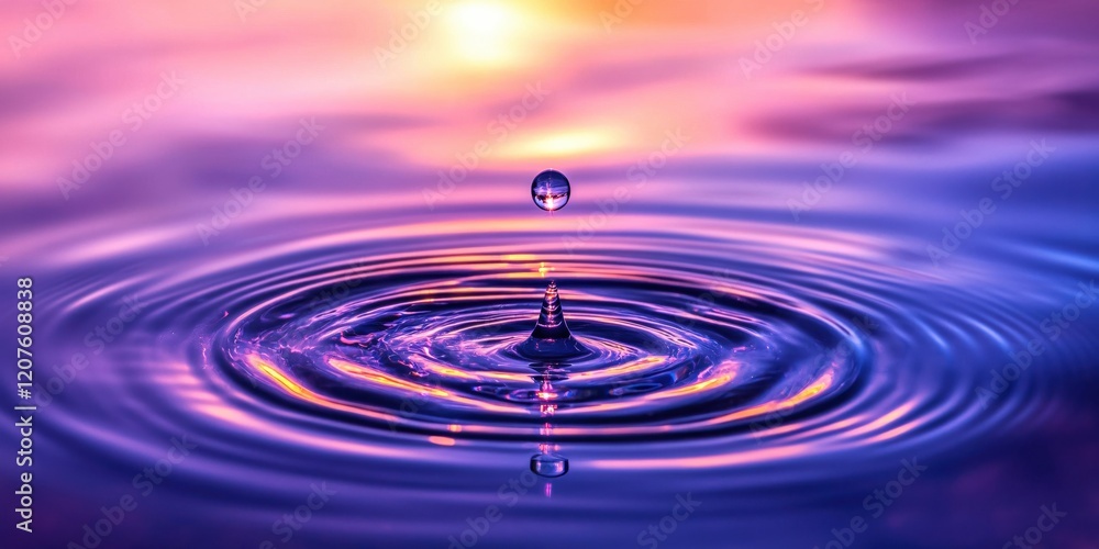 Water Drop Impact Sunset Reflection Purple Hues Tranquil Scene Water Drop Impact Sunset Reflection Purple Hues Tranquil Scene