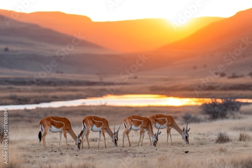 A herd of impalas grazing in the soft morning light, with a dry riverbed in the background photo