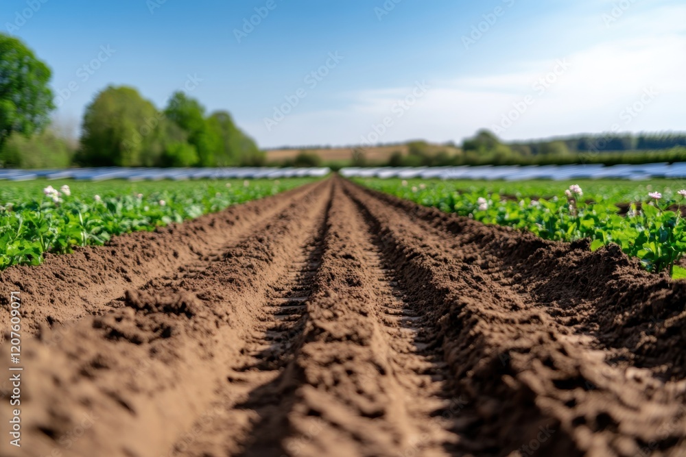 The image showcases a sunlit landscape filled with neatly plowed farm rows transitioning into rich greenery, capturing the essence of agricultural beauty and rural life. The image showcases a sunlit landscape filled with neatly plowed farm rows transitioning into rich greenery, capturing the essence of agricultural beauty and rural life.